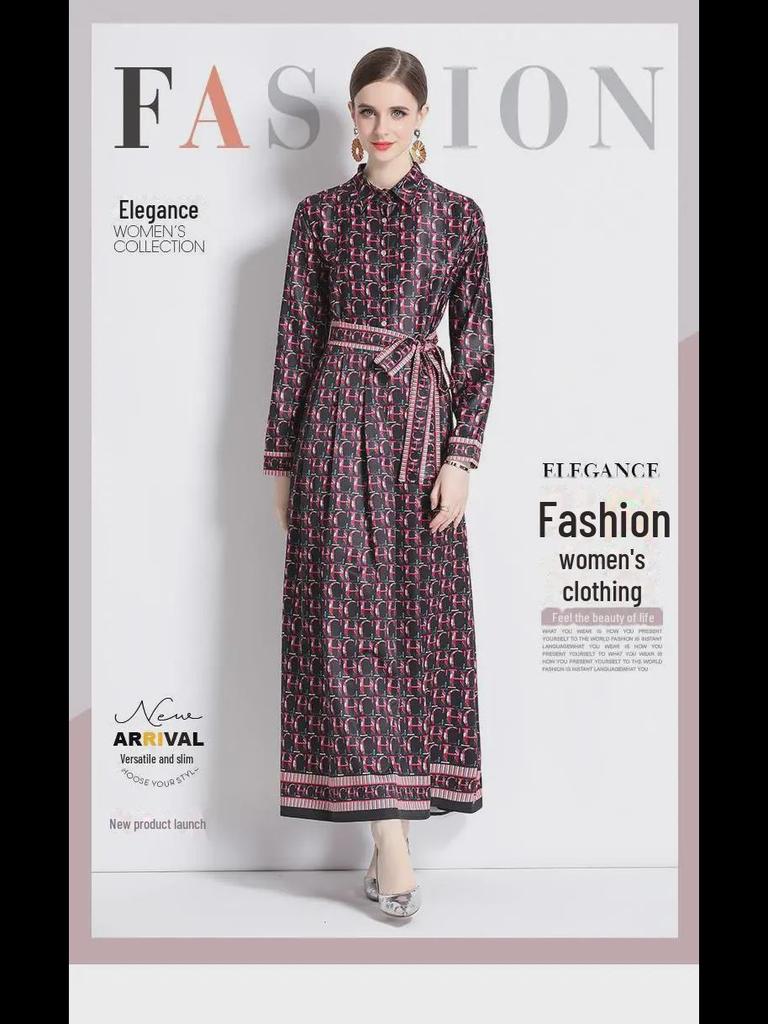 In-Stock European & American Style Waist-Slimming Printed Dress