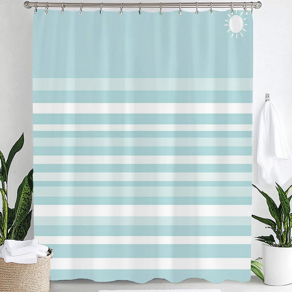 Modern Blue Stripes Printed Polyester Shower Curtain Bathroom Curtain,Hanging Curtain 12 Hooks Decoration Machine Washable