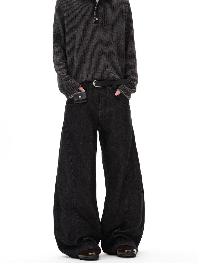 Unisex American Retro 3D Deconstructed Black Denim Scythe Pants - Trendy Loose Straight-Leg Jeans