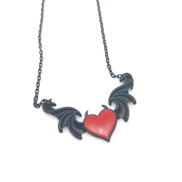 Devil Heart Pendant Necklace with Wings and Drip Oil Finish
