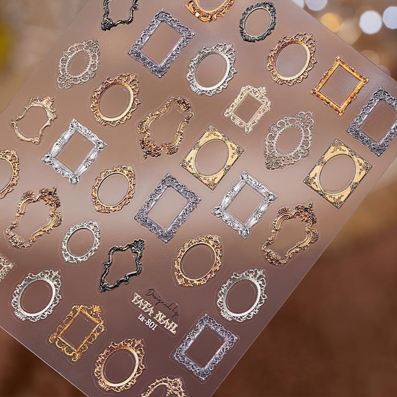 Vintage Photo Frame Border Boho 5D Soft Embossed Reliefs Self Adhesive Nail Art Decorations Stickers 3D Nail Decals