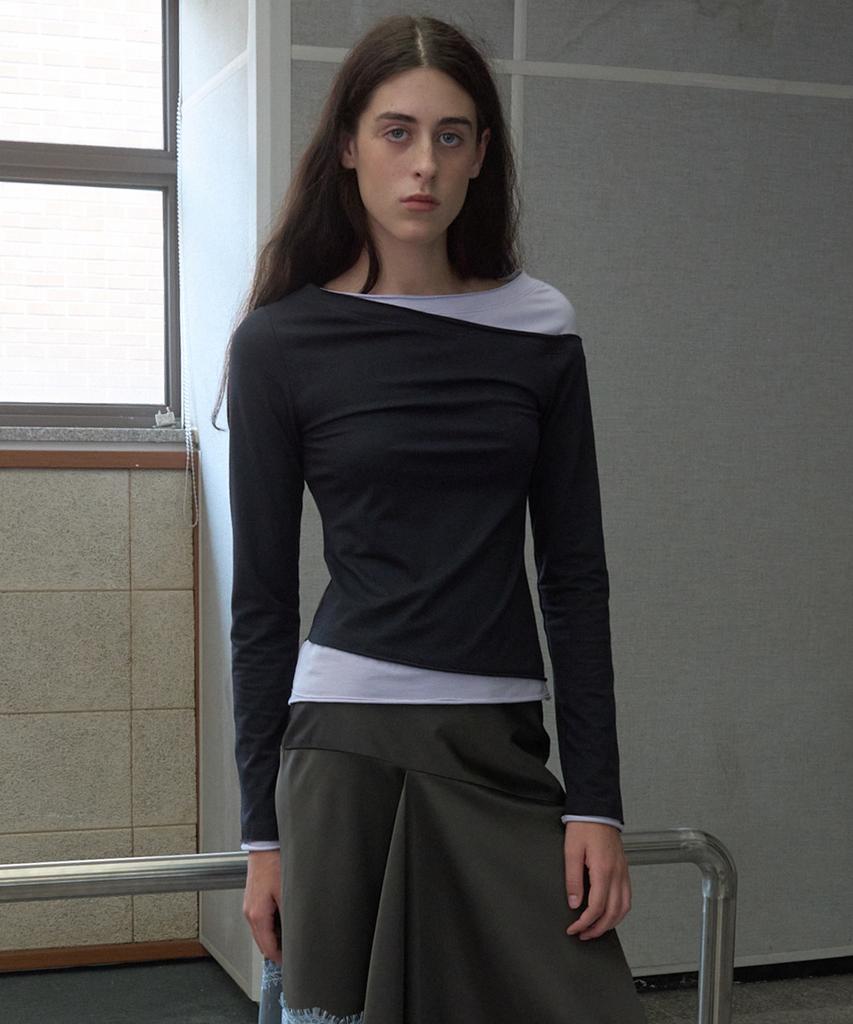 KIJUN Tilted Layered Long Sleeve Top_Charcoal Gray