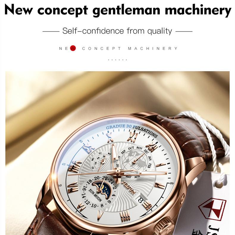 JINSHIDUN Neue Business- und Freizeit-Herrenuhr Automatische mechanische Uhr Drei-Augen-Sechs-Zeiger-Uhr Modetrend Herrenuhr