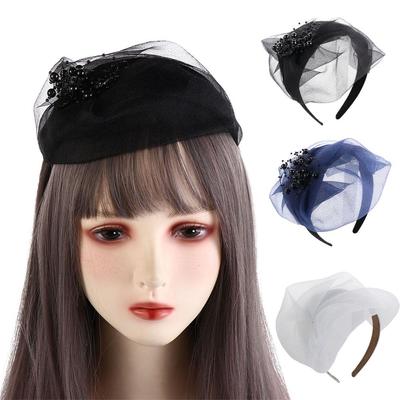 French Style Mesh Hair Hoop Bead Hat Shape Hairband Fashion Yarn Half Hat Headband  Bride
