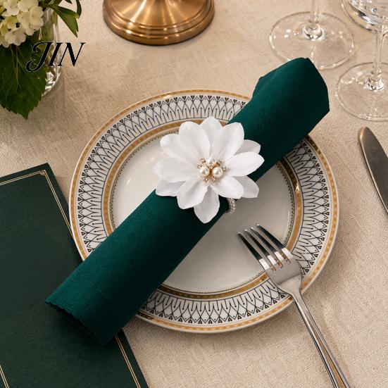 Luxury Table Decor 6Pcs White Lotus Napkin Rings, Chiffon Flower Metal Ring Holders, Faux Wedding Rings Pearl Dinner for Bridal Shower Reusable