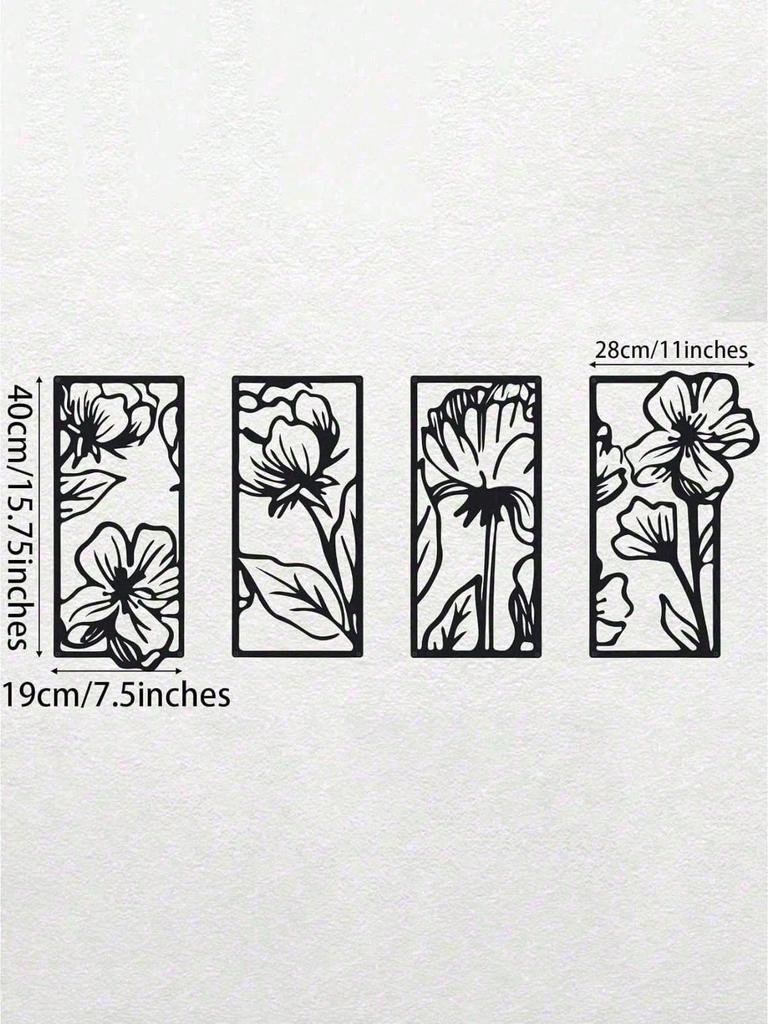Gothic Floral Wall Art Set of 4 – Black Metal Vintage Panels, Dark Aesthetic Decor for Home