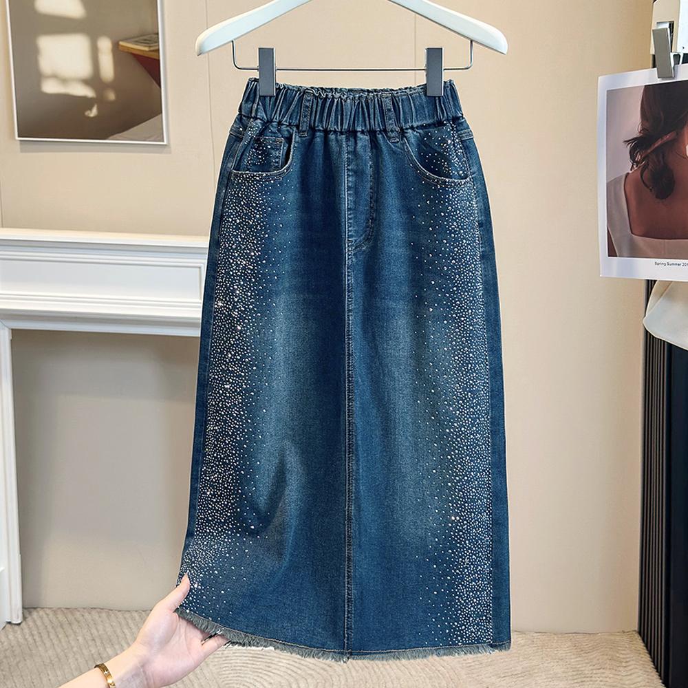 DIMANAF 2026 Autumn New Plus Size Women Denim Skirt Elastic Waist A-Line Long Skirt Fashion Lady Bottoms Beading Blue