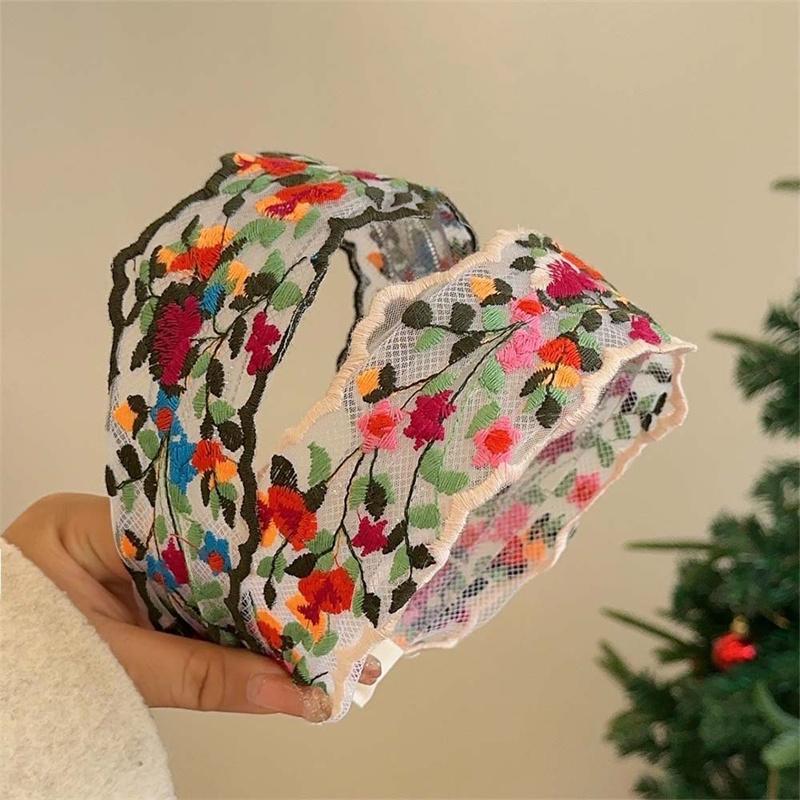 Vintage květinová vyšívaná čelenka, široká vlasová gumička s krajkovou ozdobou pro ženy