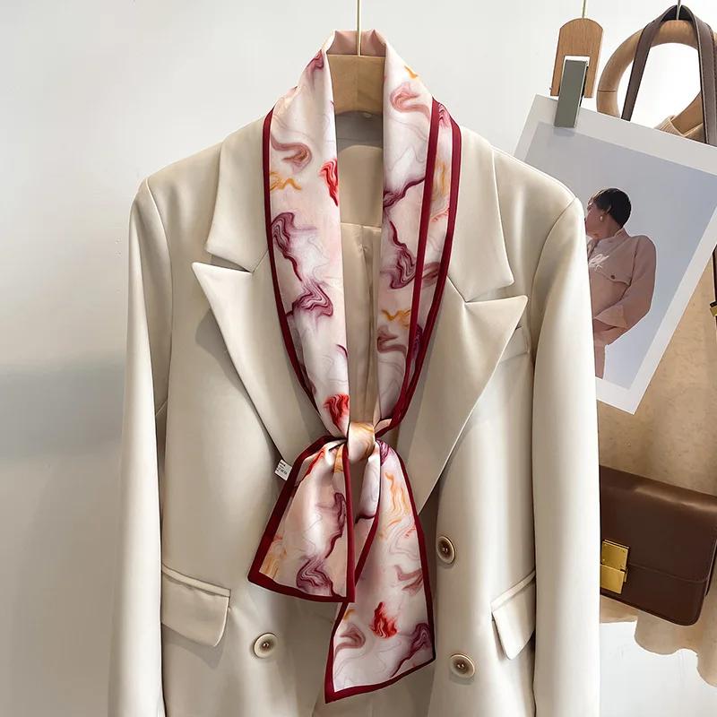 Fashion New Small Silk Scarf Women Tie Bag Headband Flower Printing Hairband Korean Style Neckerchief Ribbon Luxury Brand