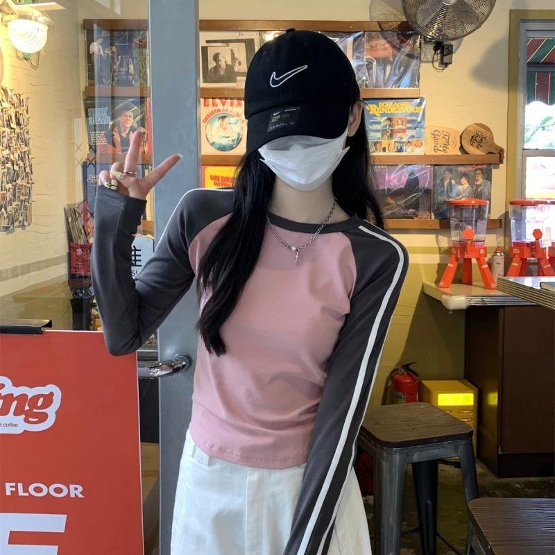 

Ретро Spice Girl Чувство Дизайна Слим Скинни Короткий Контрастный Цвет Круглый Вырез Плечо Длинный Рукав Женский Осенний L розовый