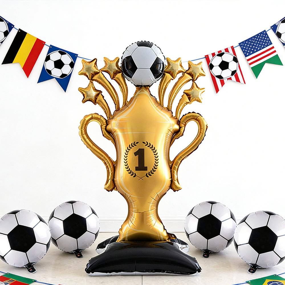 5Pcs Soccer Theme Foil Balloon Set, Jumbo Standing Champion Trophy & 18-Inch Football Mylar Balloons, Aesthetic Sports Event Dec
