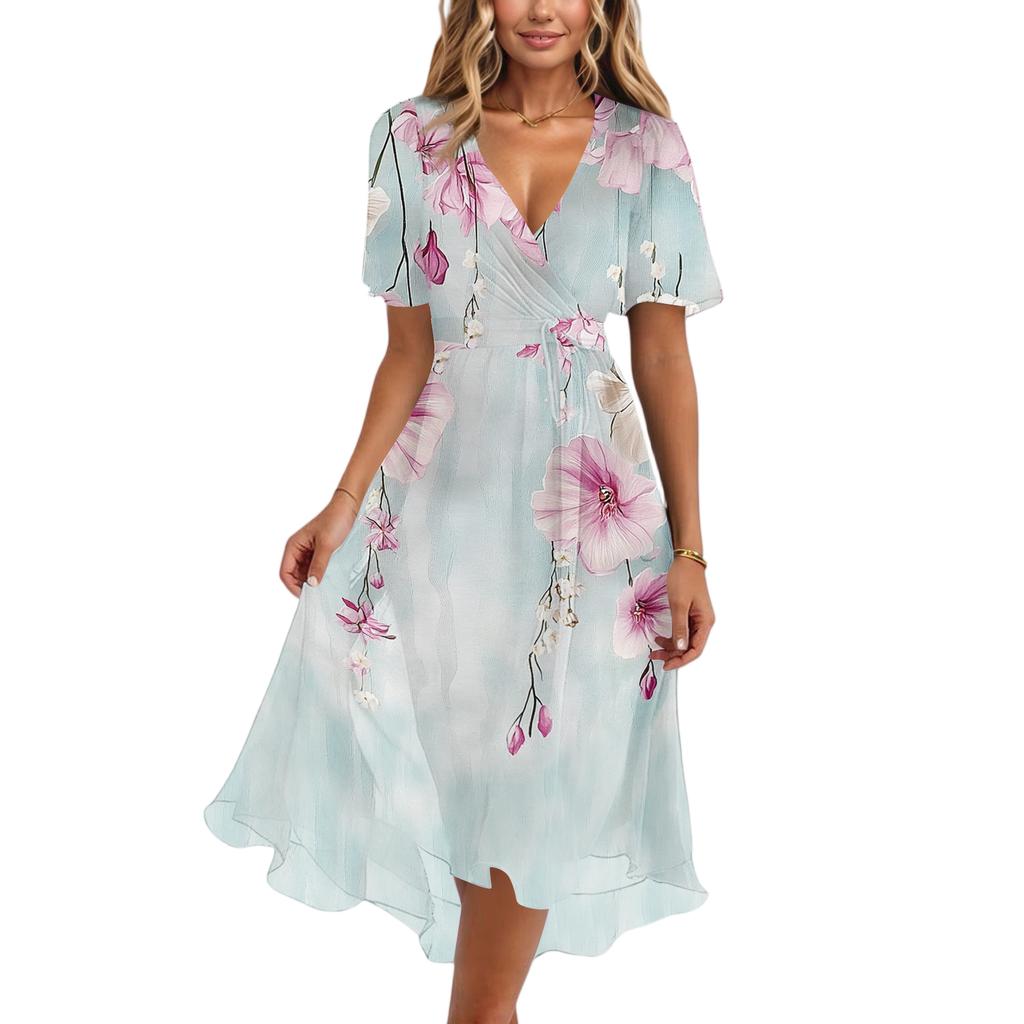 Women’s V Neck Short Sleeve Midi Dress with Floral and Butterfly Print Flowing Hem Casual Fit
