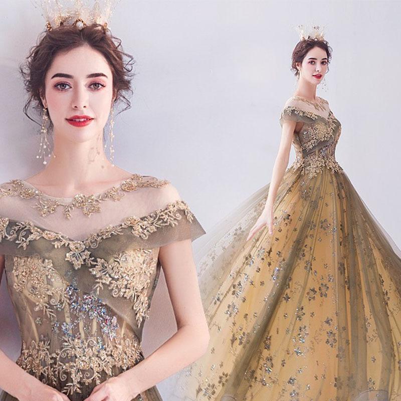 Golden banquet evening dress stage catwalk