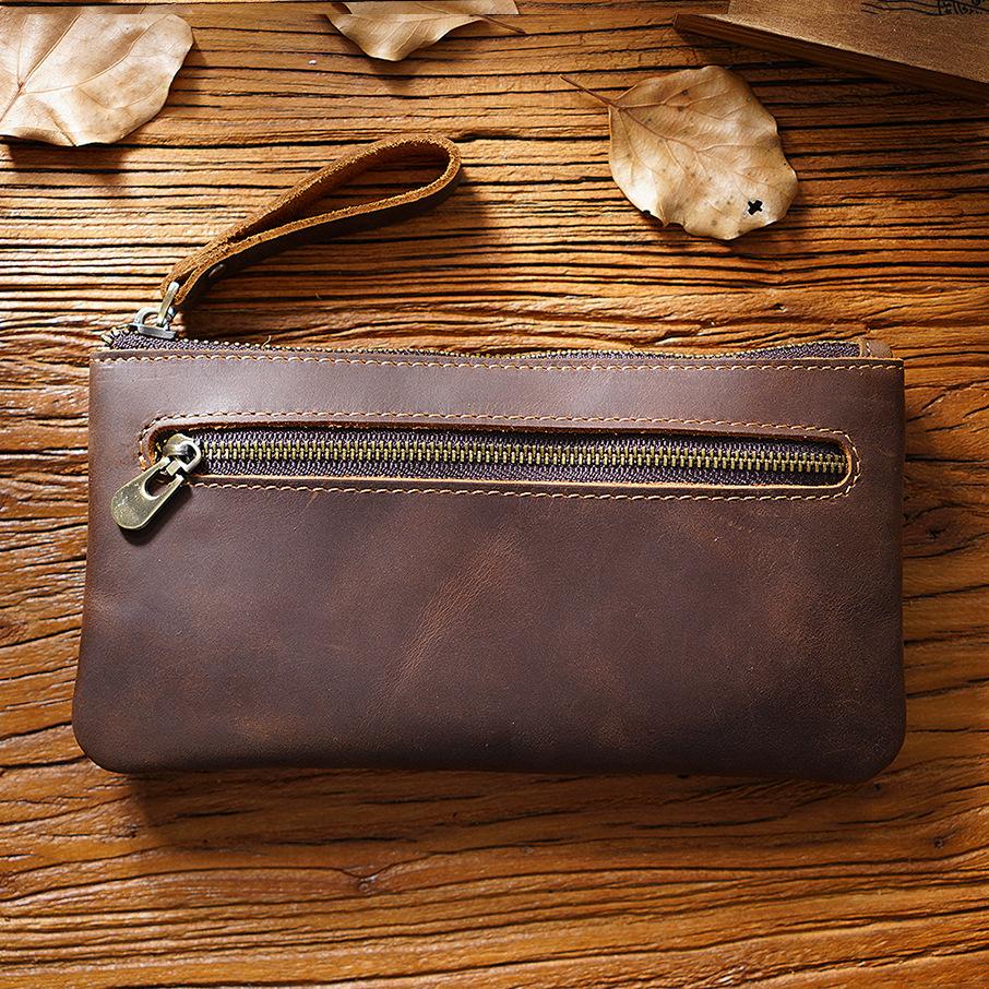 2026 Retro Crazy Horse Leather Zipper Pencil Case Creative Portable Simple Hand Grab Storage Bag Large Capacity Pencil Case New Product