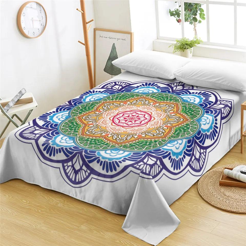 Bohemian Mandala Bed Sheet Boho Style Flat Sheet Colorful Ethnic Retro Floral Bed Linen Women King Queen Polyester Bedding Sheet