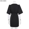 HOUZHOU Abito Nero Donna Scollo a V Vita Alta Classico Coreano Basic Elegante Maniche a Sbuffo Maniche Corte A-line Miniabito