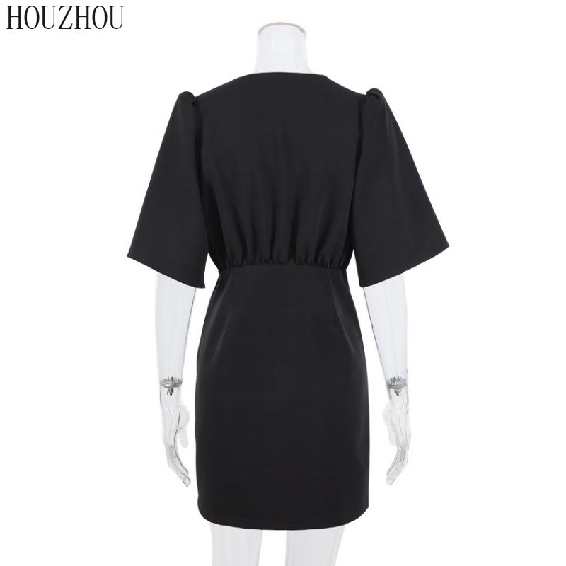 HOUZHOU Abito Nero Donna Scollo a V Vita Alta Classico Coreano Basic Elegante Maniche a Sbuffo Maniche Corte A-line Miniabito