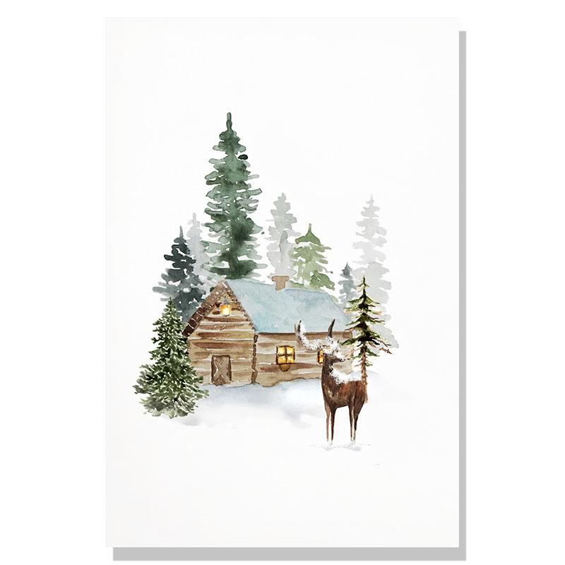 Simple Modern Nordic Ice and Snow World Watercolor Elk Christmas Art Decor Picture Material