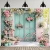2D Pink Floral Bicycle Backdrop, Spring Turquoise Door Photography Background Banner
