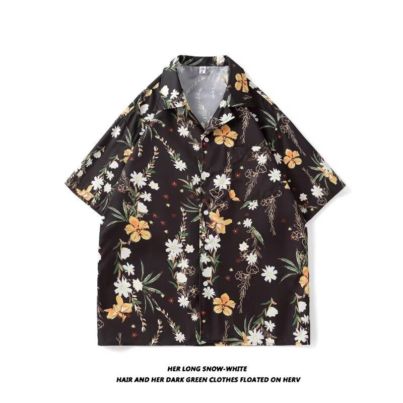 

Летняя мужская тенденция с коротким рукавом, кубинский воротник, гавайская рубашка, корейский уличный стиль, цветочные растения, дизайн воротника, топы, фестиваль Сонгкран, мужская одежда