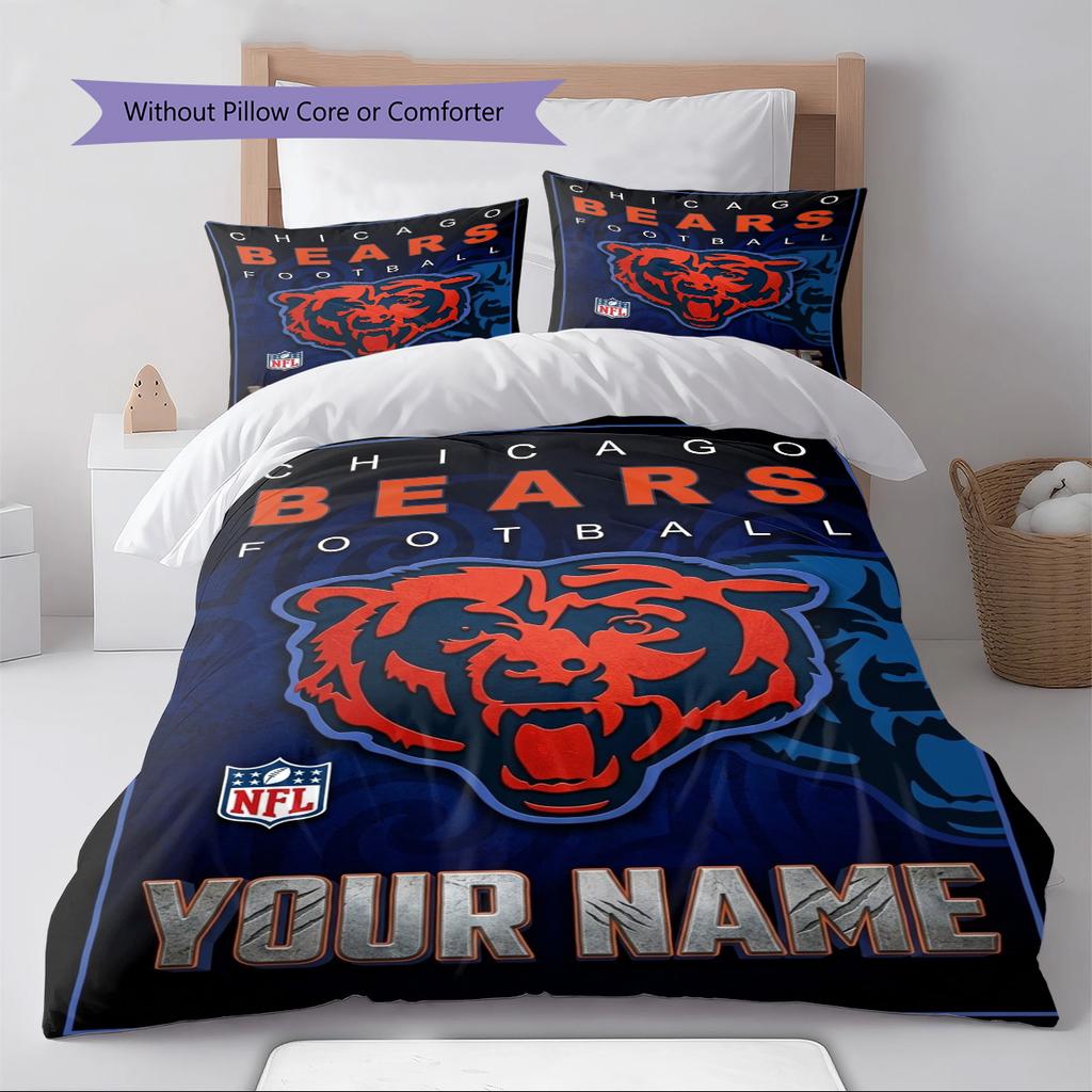 Name Custom Chicago Bears Logo Pattern Bedding Set Quilt Cover Pillowcase Home Decor Gift (1 * Duvet Cover + 2 * Pillowcase, Without Core)