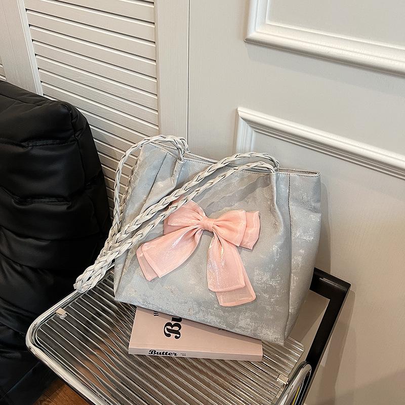 Chic Bow Knot Faux Leather Tote Bag for Women, Color Block Single Shoulder Handbag, Casual Daily Commute Work Bag KTB