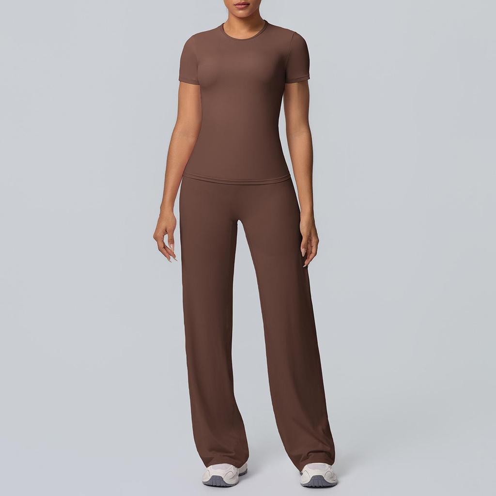 Tvådelad Enfärgad Yoga-dräkt: Dubbelsidig borstad långärmad topp med vida byxor för träning, löpning och fitness