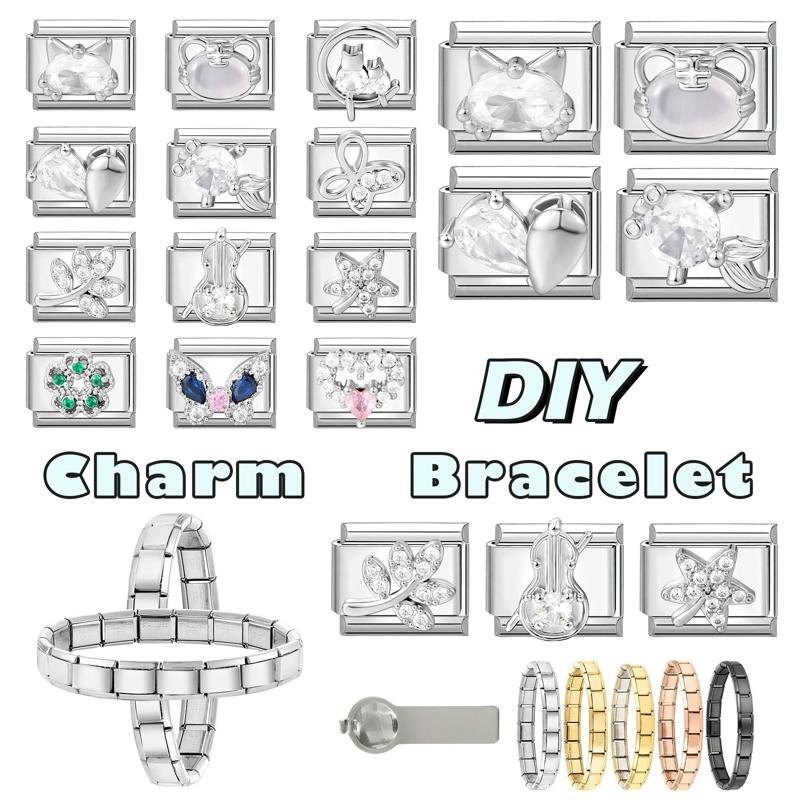 Shiny Y2K Zircon Butterfly Leaf Moon Cat Flower Fish Italian Charm Links Fit 9mm Stainless Steel Bracelet Women DIY Making Gifts