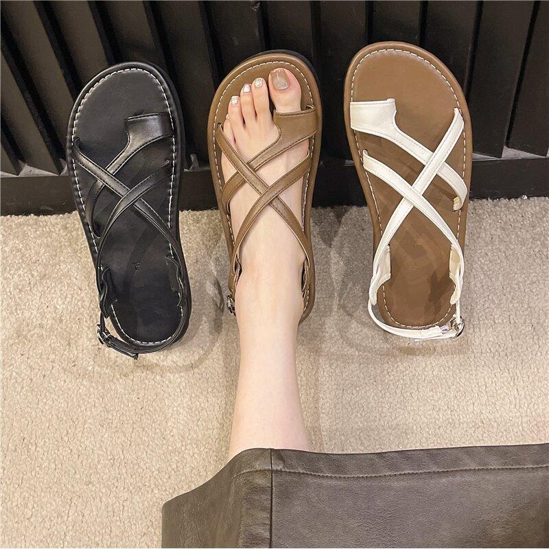 Temperament with skirt flat toe sandals women's 2025 new summer soft sole silver cross with Roman beach sandals