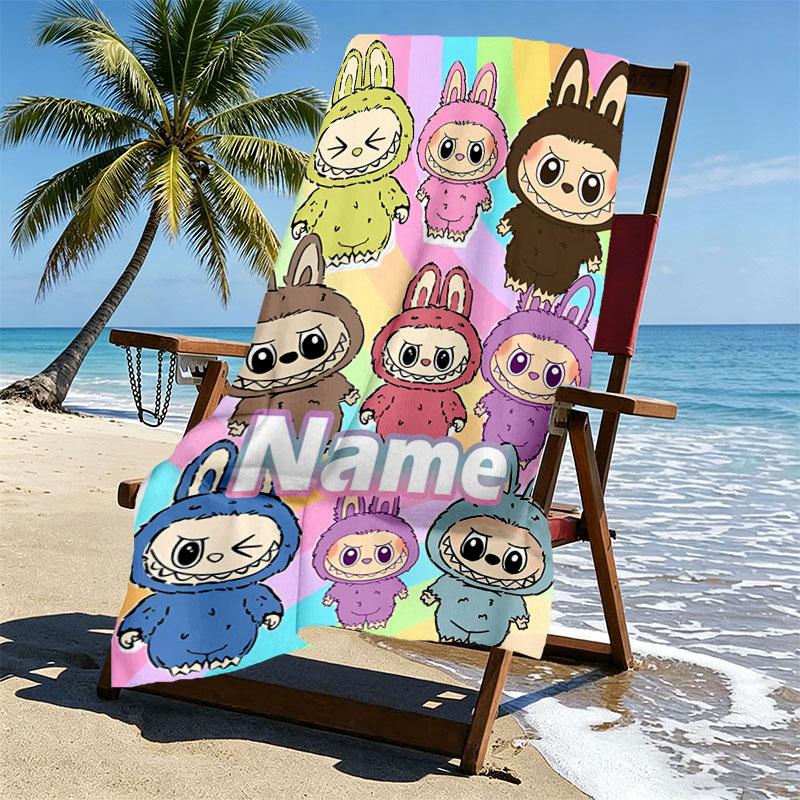 Custom Name Personalized Labubu Print Beach Towel, for Trip Camping Beach Party Home Decor, Birthday Gift for Family & Friends