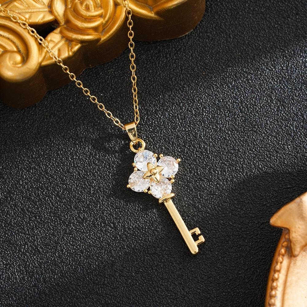 Stainless Steel Waterproof Gold Silver Color Zircon Key Pendant Necklace for Women Fashion Exquisite Clavicle Chain Jewelry