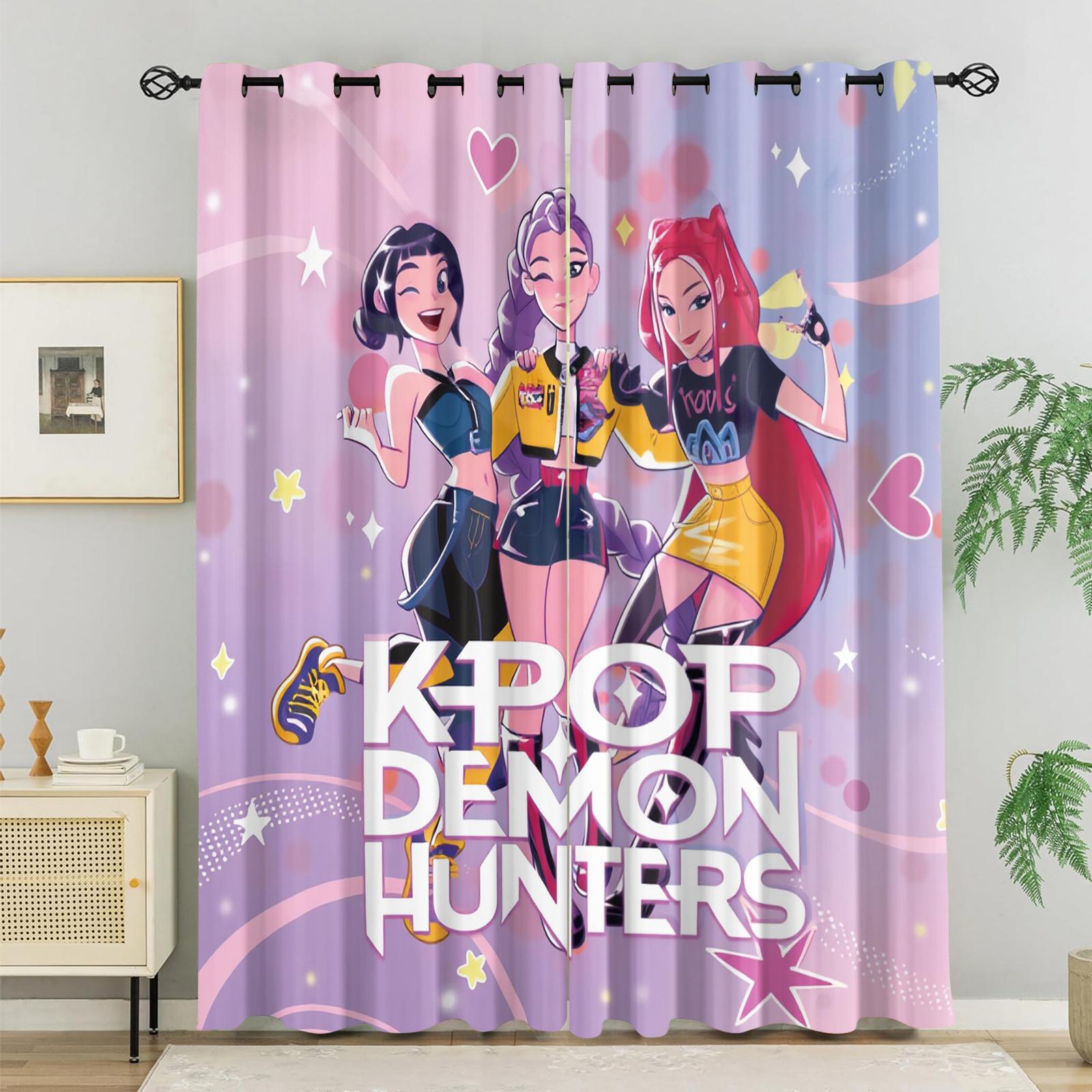 

Set Of 2 Pop Demon Hunters Print Perforated Curtains Bedroom Living Room Study Office Bathroom Decor Darkening Made Polyester Machine Washable Great W100*H130(CM)-Grommet top&2PCS