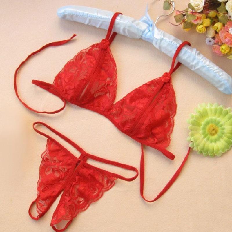 Crotchless Lace Bikini Three Point Female Lingerie Babydoll See Through Glamour Bra+Underwear Sexy Glamour Underwear Set