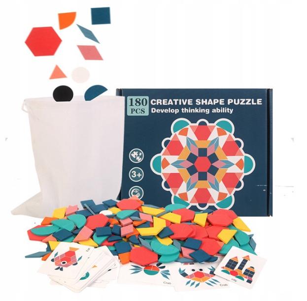 Drewniane Puzzle Do Układania Klocki Tangram Zestaw Montessori Woreczek