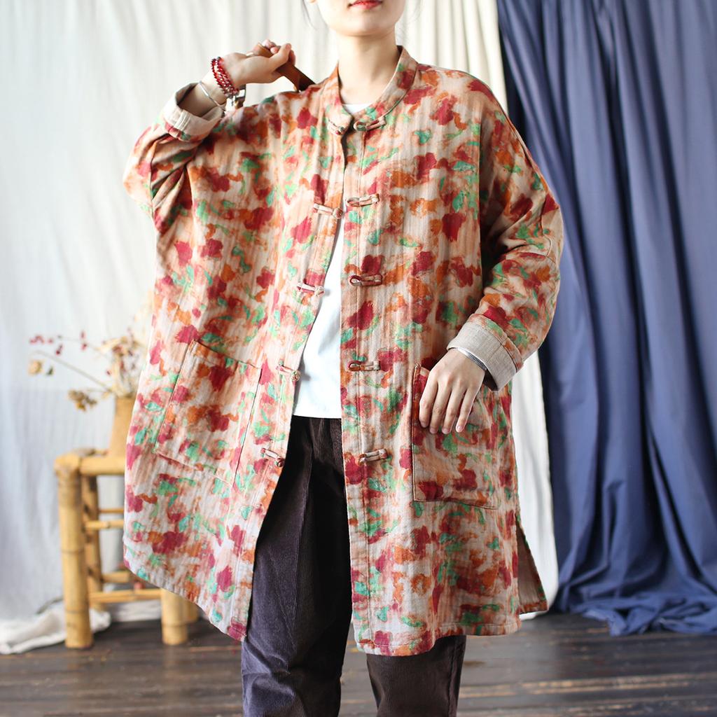 Johnature Women Vintage Print Floral Stand Long Sleeve Spring Autumn Button Pockets Coats