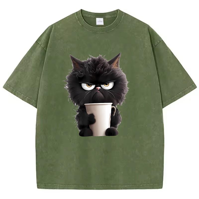 T Shirt Vintage Coffee Cat Washed Cotton TShirt Graphic Tee Casual Streetwear Spring Summer