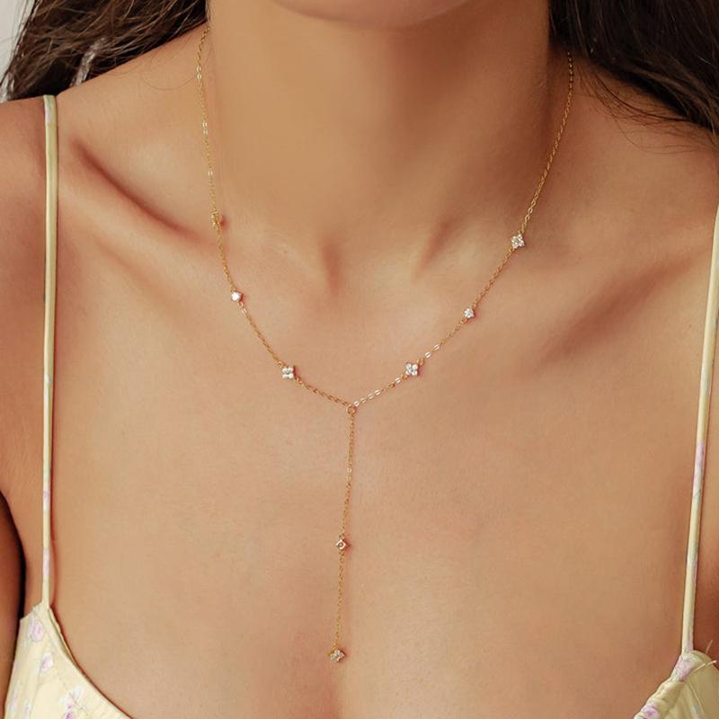 Anziw Moissanite Long Tassel Pendant Necklace 925 Silver Four Clover Flower Y Chain Necklace for Women Valentine Gift Trend