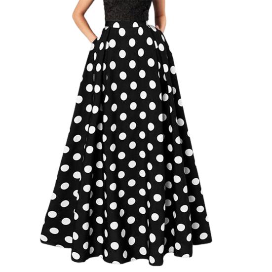 Women Maxi Skirt High Waist Color Matching Dot Print Retro A-line Big Hem Side Pockets Loose Full Length Soft Elastic Waist Lady Prom Party Long Skirt