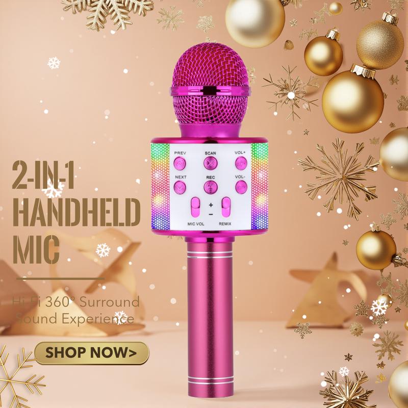 All-in-one Entertainment Microphone Speaker, Karaoke, Music Player, Voice Changer, FM Radio, LED Light Mic for Party Gathering
