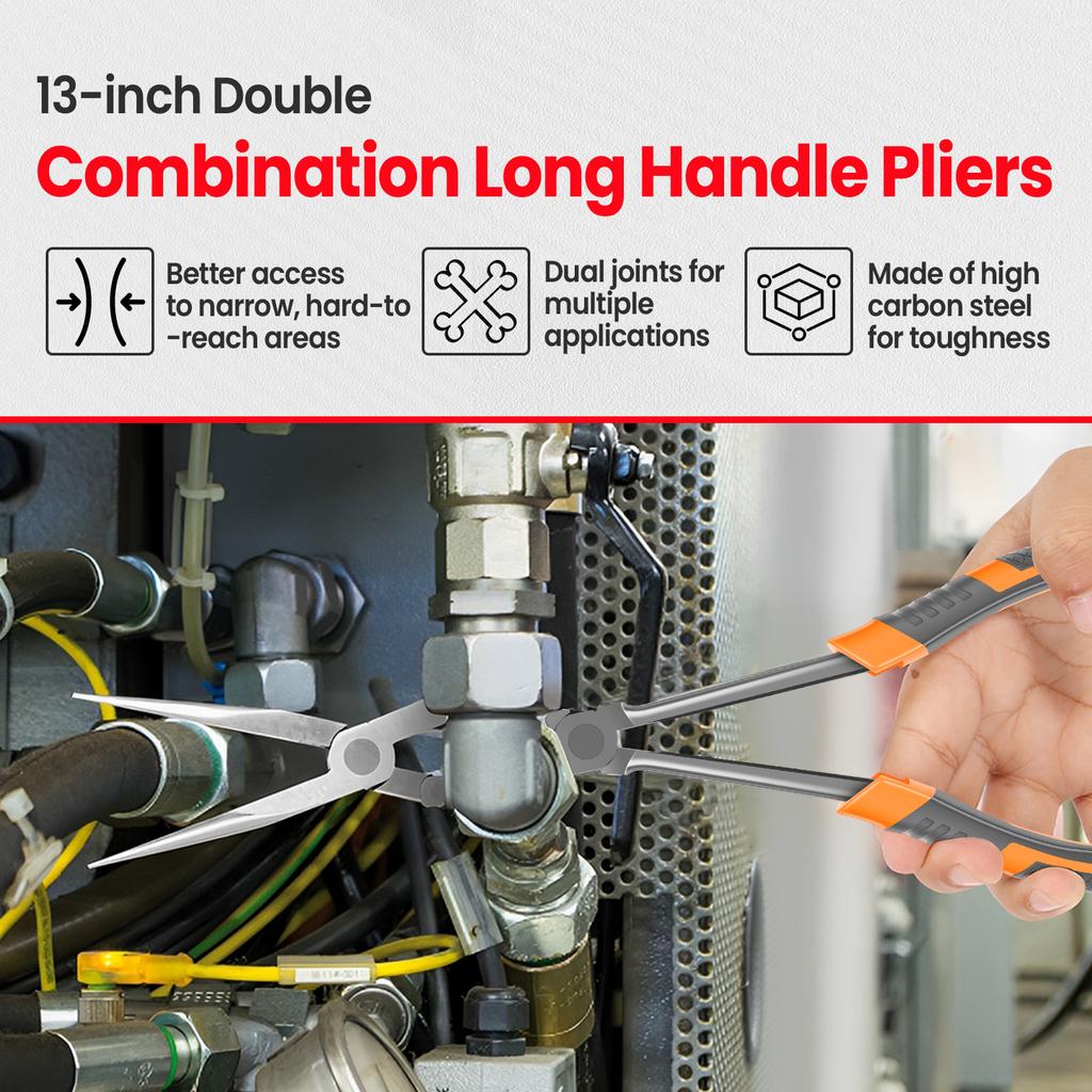 Long Reach Needle Nose Pliers 13 Inch Chrome Vanadium Steel Double Joint Long Nose Pliers with Ergonomic Handle for Tight Space