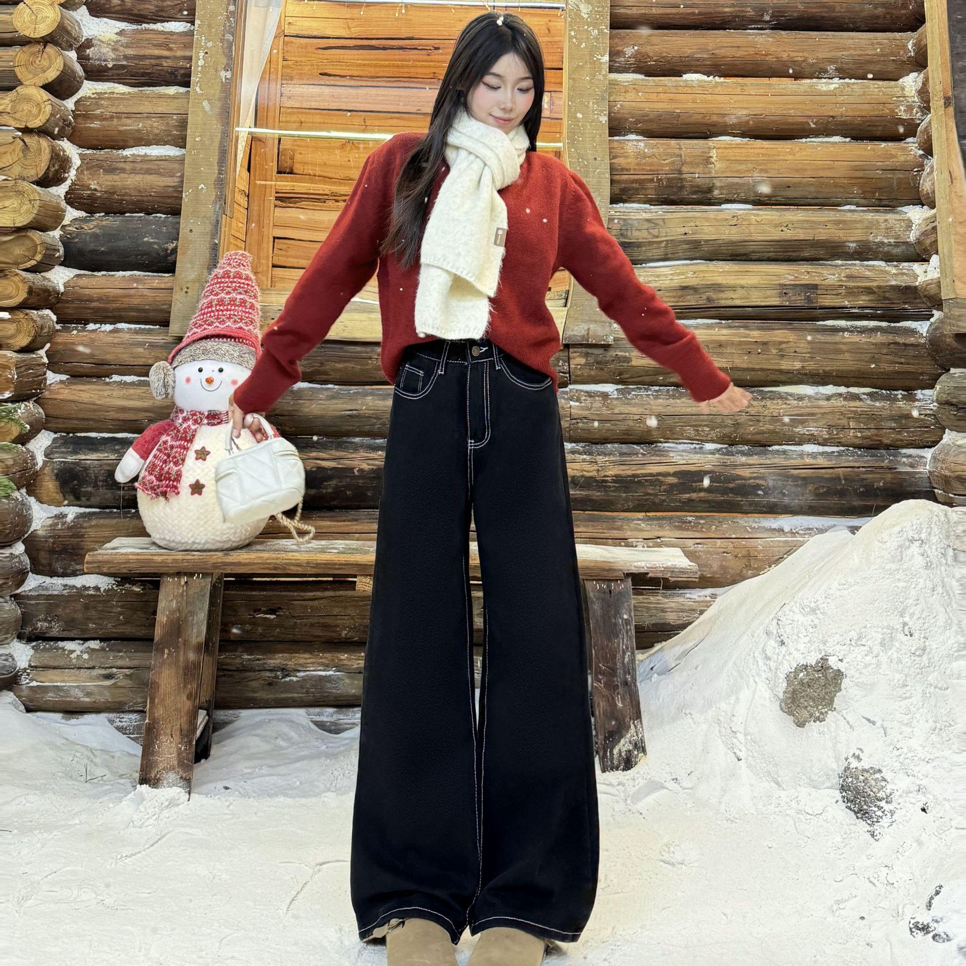

Black High-Waisted Wide-Leg Jeans for Women - Plus Velvet, Elastic, Loose Fit for Pear-Shaped Figures, Perfect for Autumn and Winter. S