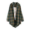 Women's Loose-Fit Cross-Grid Shirt Jacket - High-Low Hem, Long Sleeve, Covers Butt, Cotton Linen, Plus Size