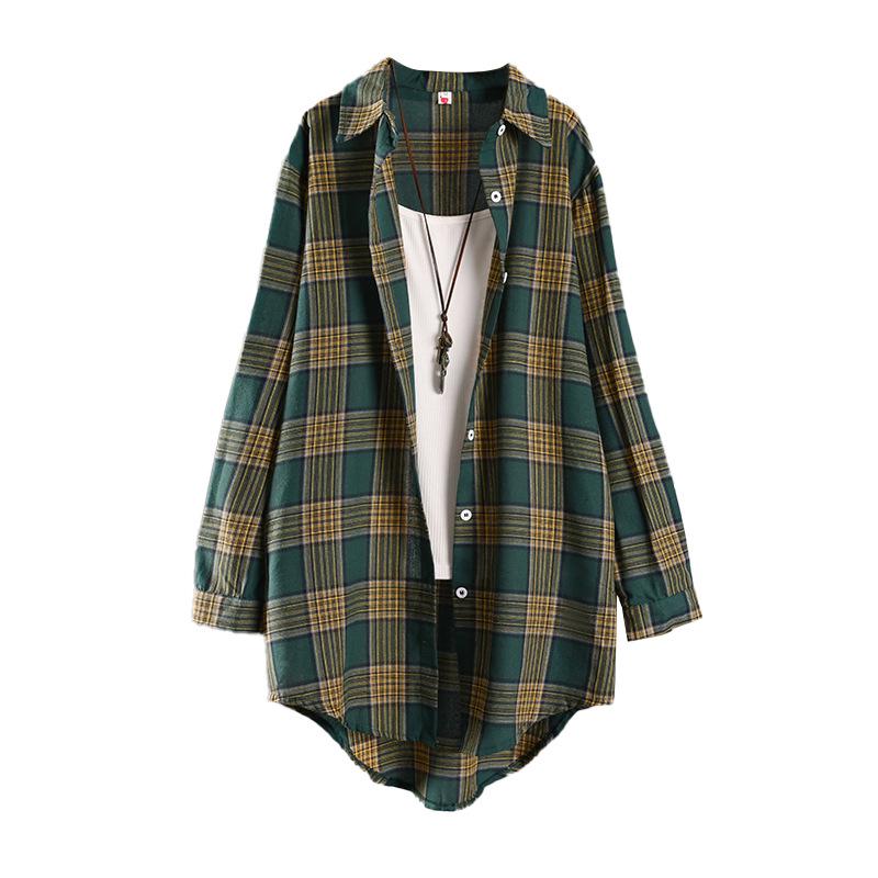 Women's Loose-Fit Cross-Grid Shirt Jacket - High-Low Hem, Long Sleeve, Covers Butt, Cotton Linen, Plus Size