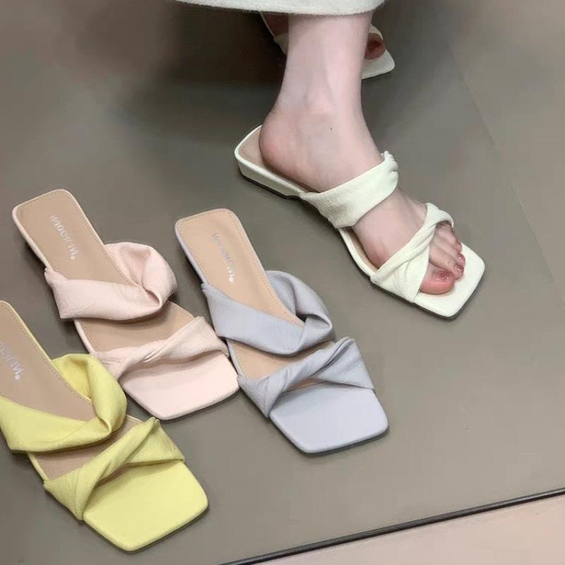 New Style Designer Summer Butterfly-knot Lace Women Slippers Casual Thick Low Heel Dress Street Style Slides Zapatos Mujer