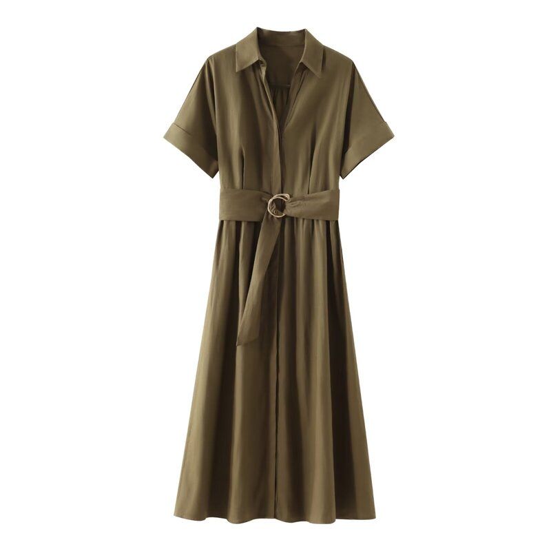 Fashion Style 2024 Summer New Arrival Women's Linen Blended Midi Skirt Shirt Style Dress 8372101 533