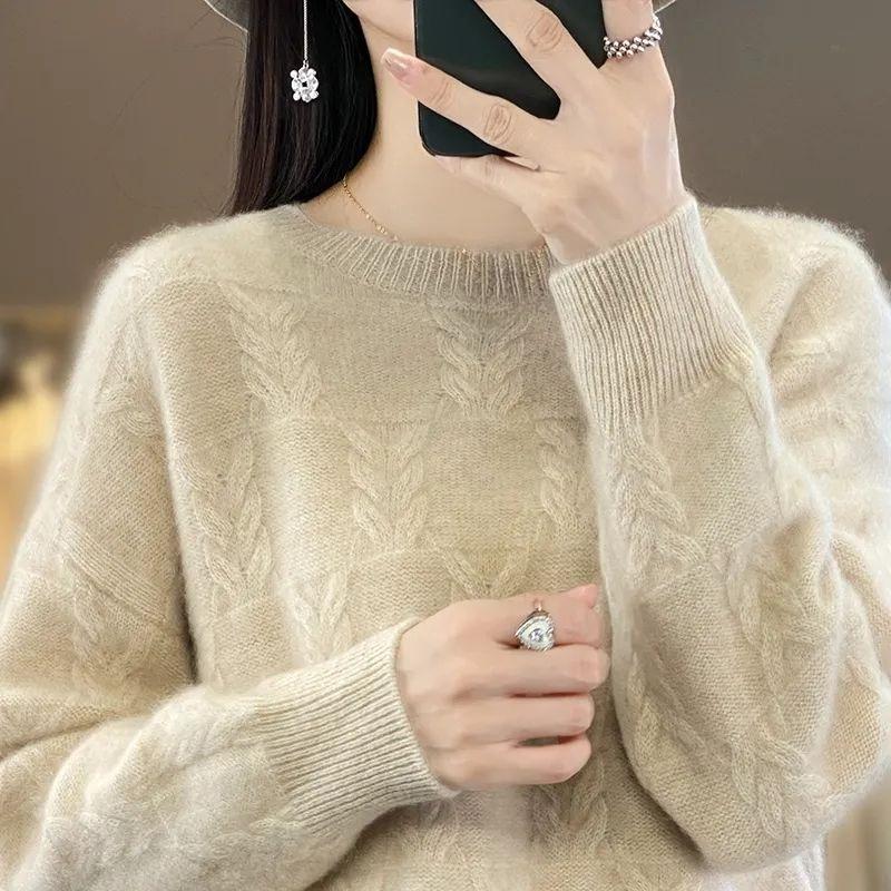 Loose Sweater Women's Round-neck Cut-out Knitted Sweater Loose Solid Color Casual Pullover for Autumn and Winter
