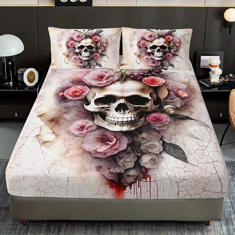 

Розовый Череп с Розами Комплект Постельного Белья с Резинкой 3D Печать Темный Романтический Комплект Постельного Белья Мягкая Дышащая Микрофибра Для Декора Спальни Взрослых 200x220x25cm