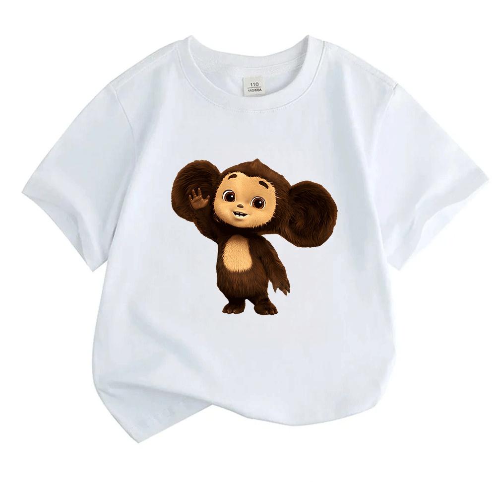 Cute Cheburashka Printed Kids Unisex Crew Neck Short Sleeve T Shirt, 100% Cotton Soft Casual Tees for Boys Breathable Lightweight Summer Basic Tops