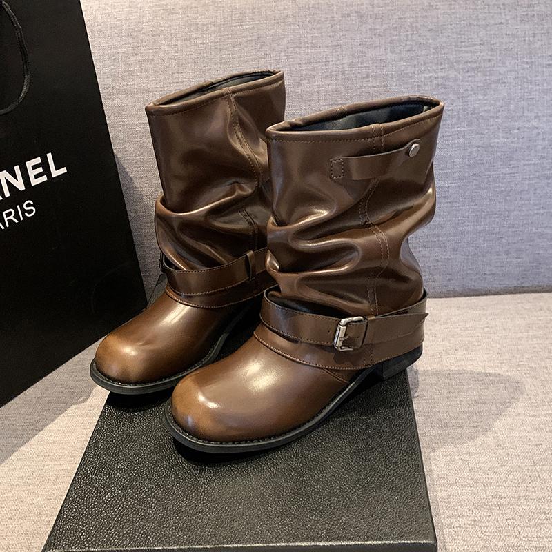 

Autumn Winter Women Western Ankle Boots Belt Buckle Thick Heel Shoes Ladies Elegant Party Dress Short Booties 35
