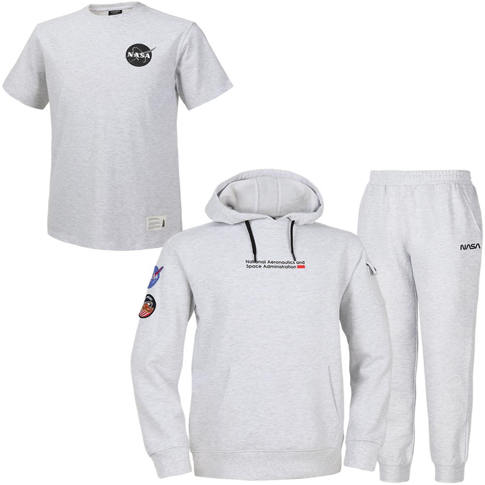 Nasa Unisex Sweatshirt Wappen Hoodie + Jogger Pants + Short Sleeve T-Shirt 3-Piece Set [Melange White] 95